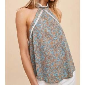 NEW IN-LOOM coralie printed satin halter tank in vintage sage